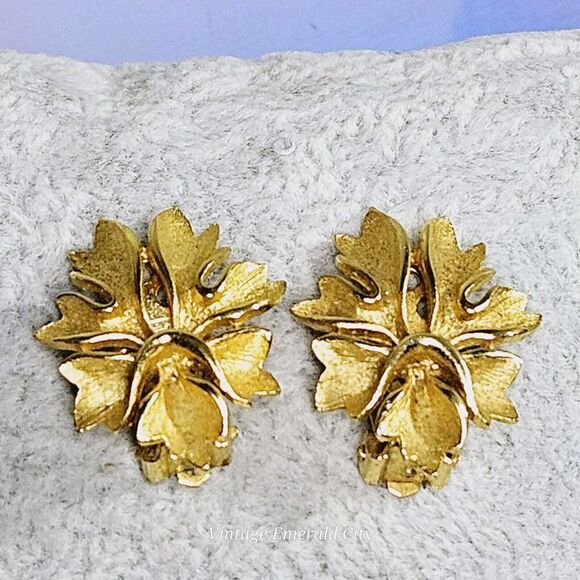 Vintage Gold Tone Plated Greek Leaf Earrings Not Pierced Golden Clip-on Woman's - Picture 4 of 10